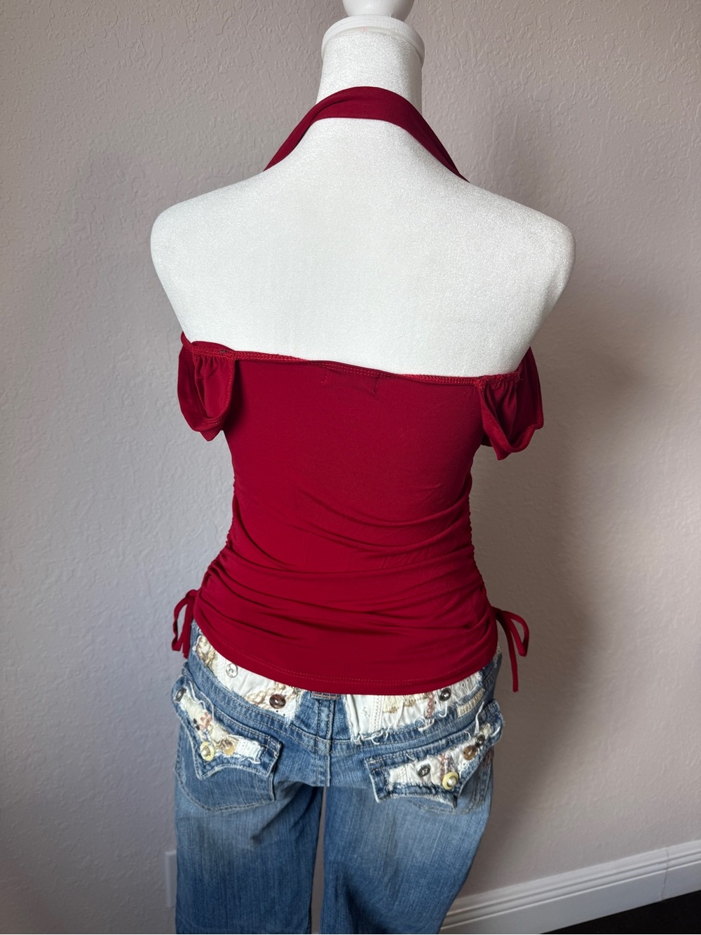 Y2K Wet Seal Red Ruched Halter Top Adjustable Tie Side - Picture 3 of 9